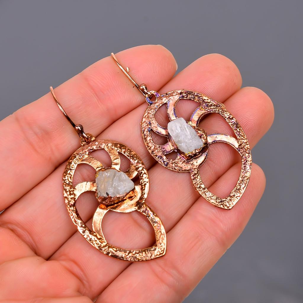 Rainbow Moonstone Stone Copper Electroformed Dangle Mother Gift Earrings Jewelry V-106