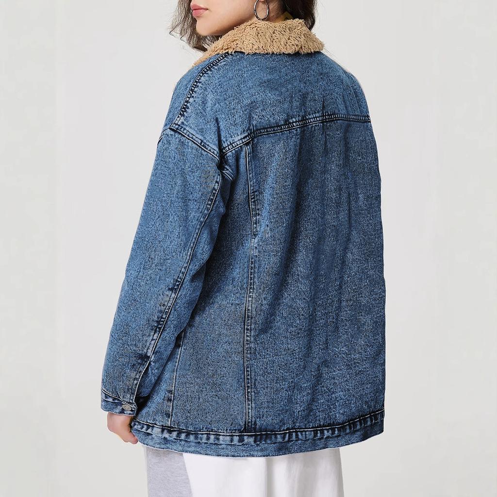 Women's Casual Fashion Long-sleeved Solid Color Loose Plus Velvet Denim Cotton Coat Denim Jacket