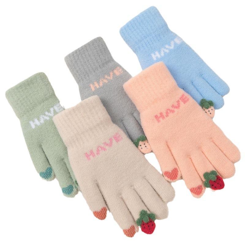 Gloves female autumn and winter fingers cute cold-proof warm knitted velvet cycling gloves five fingers