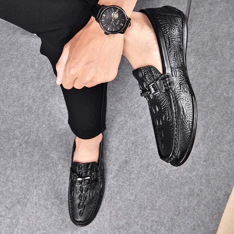 Popular Doudou Shoes Men's First-layer Cowhide Lazy Shoes Live Broadcast Large-size Casual Alligator Pattern Leather Shoes Men