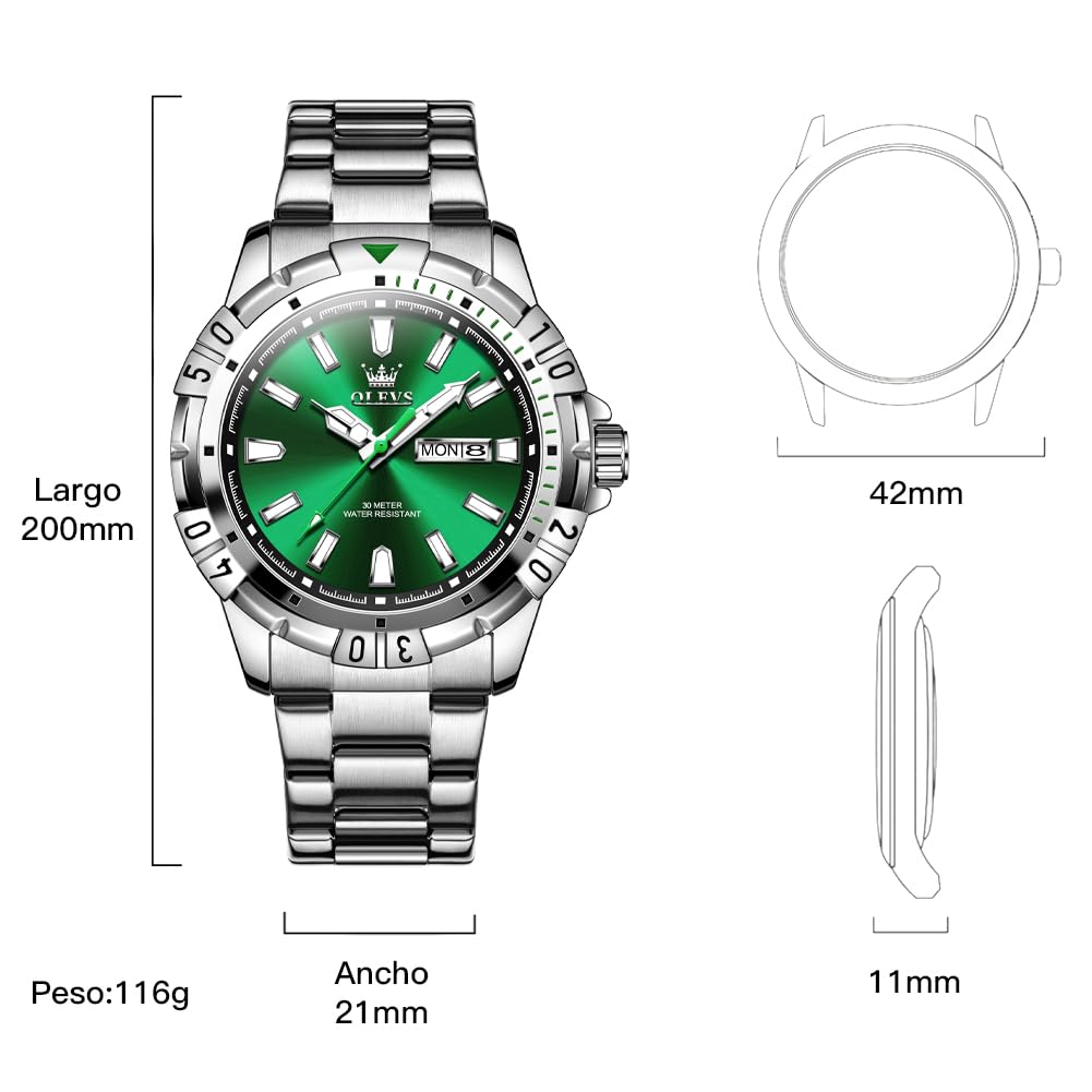 OLEVS Watch Men Quartz Popular Stylish Cool Multifunction Stainless Steel Waterproof Luminous Date Analog Fashion Student Business Watch for Men Green