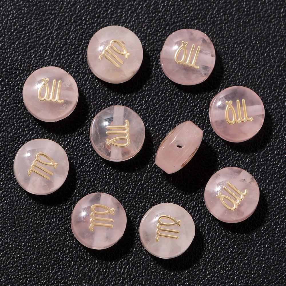 5pcs 8MM Pink Natural Rose Quartz Flat Round 12 zodiac signs constellation Stone Charms For DIY Making Jewelry