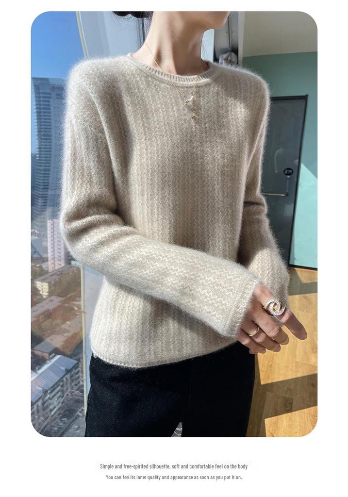 Women's Loose Casual Merino Wool Round Neck Sweater - Solid Color Wavy Pattern (Autumn/Winter Collection)