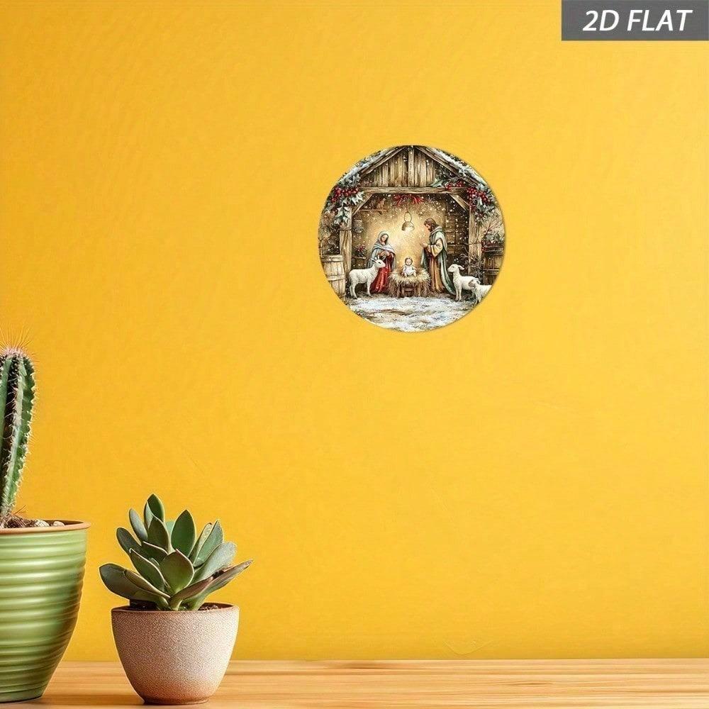 Vintage Christmas Nativity Metal Sign 8x8 Inch Round Tin Plate Wall Art Durable Religious Holiday Home Decor For Living Room