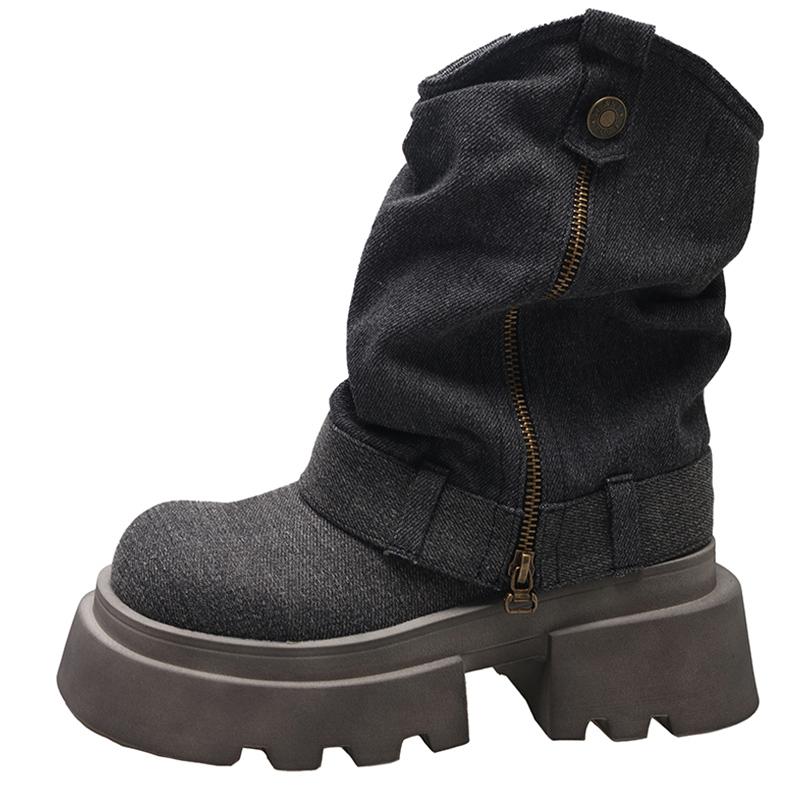 Cowboy Platform Women Snow Boots Designer Mid Heels Shoes Chunky Mid Calf Motorcycle Boots Winter 2024 Trend Goth Lady Zapatos