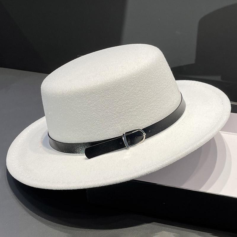 British Retro Flat-top Woolen Top Hat Women's Spring and Autumn Elegant Wide-brimmed White Jazz Hat Versatile Flat-brimmed Hat Men