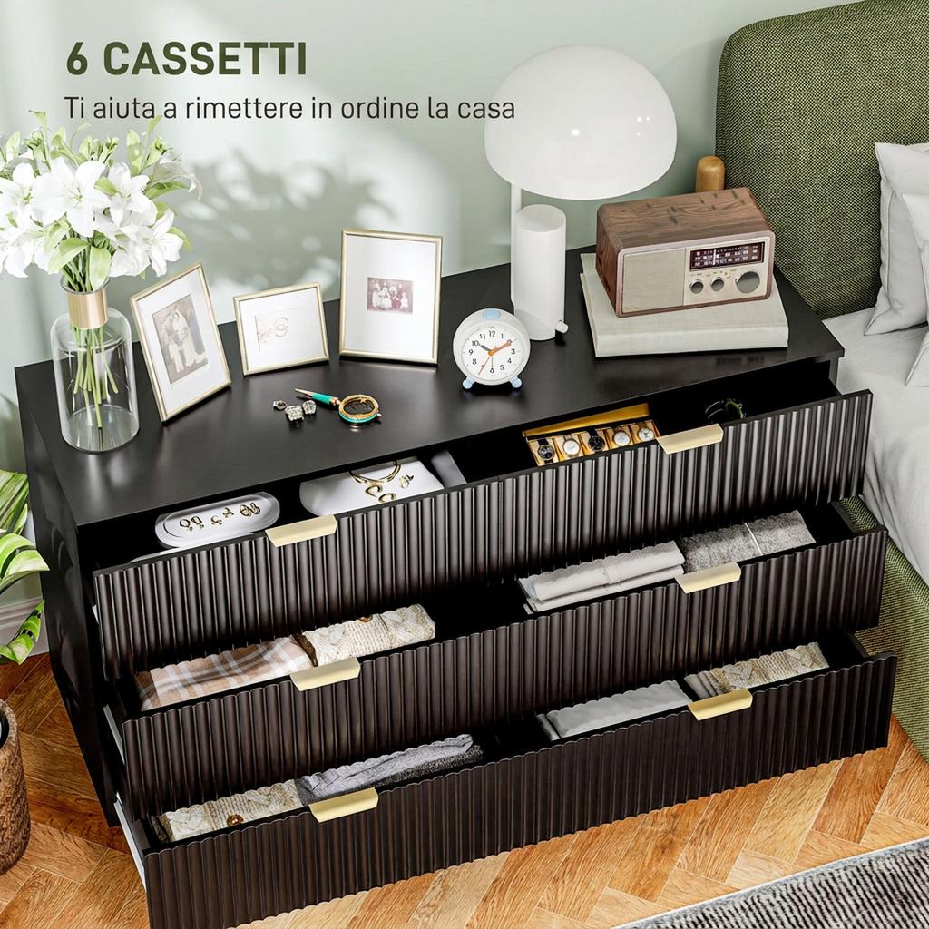Moderna 6-Drawer Dresser with Golden Handles, 120x40x76.5cm, Black