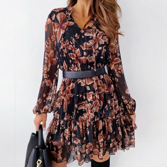 Women Spring Dress Flower Print Soft V Neck Long Sleeves Ruffle Dress-up