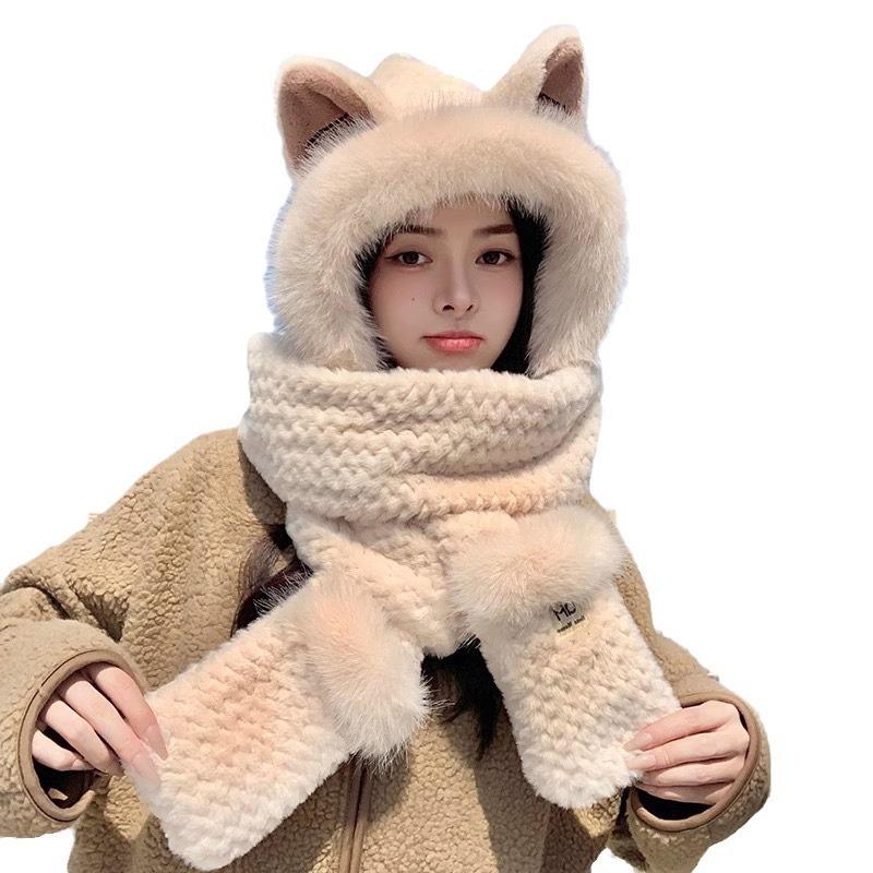 Hat women's winter scarf gloves integrated hat fox ears cold warm plush hat cute versatile pullover hat