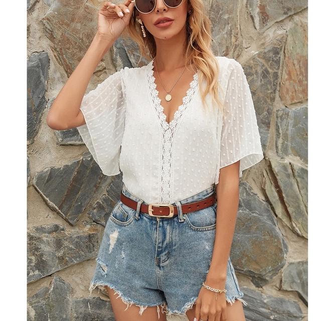 

Шифоновая кружевная футболка женская повседневная свободная футболка с v-образным вырезом рубашки с пышными рукавами летние топы с короткими рукавами женская женская футболка L белый
