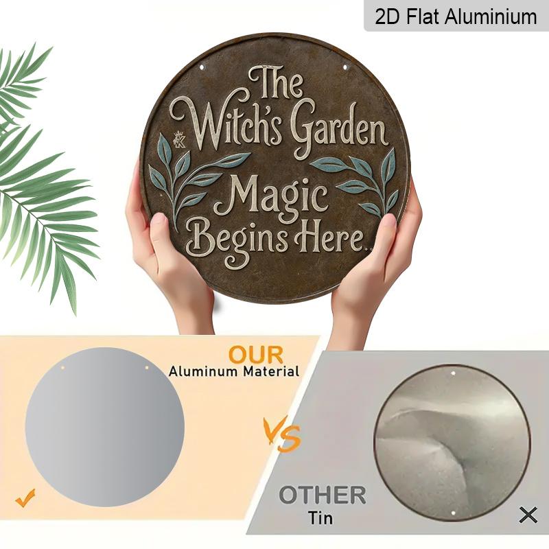 2D Flat, 1pc Round Aluminum "The Witch's Garden Magic Begins Here" Metal Sign, Vintage Rustic Bronze Effect Wall Plaque, Witchy Botanical & Mystical