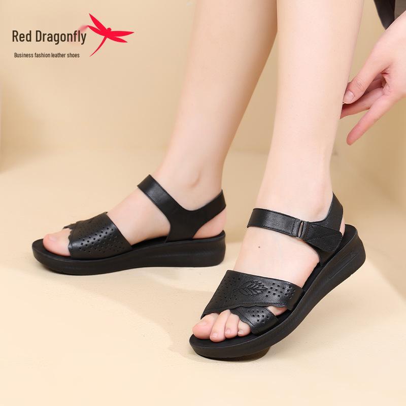 Red Dragonfly Women's Genuine Leather Sandals - Summer 2025 Comfortable Soft Sole Flat Bottom for Middle-aged Mothers