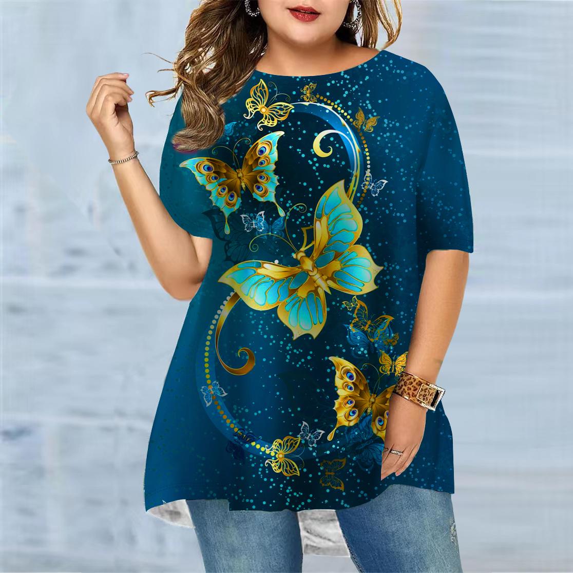 Женская летняя ажурная футболка с принтом бабочки больших размеров — фото 3