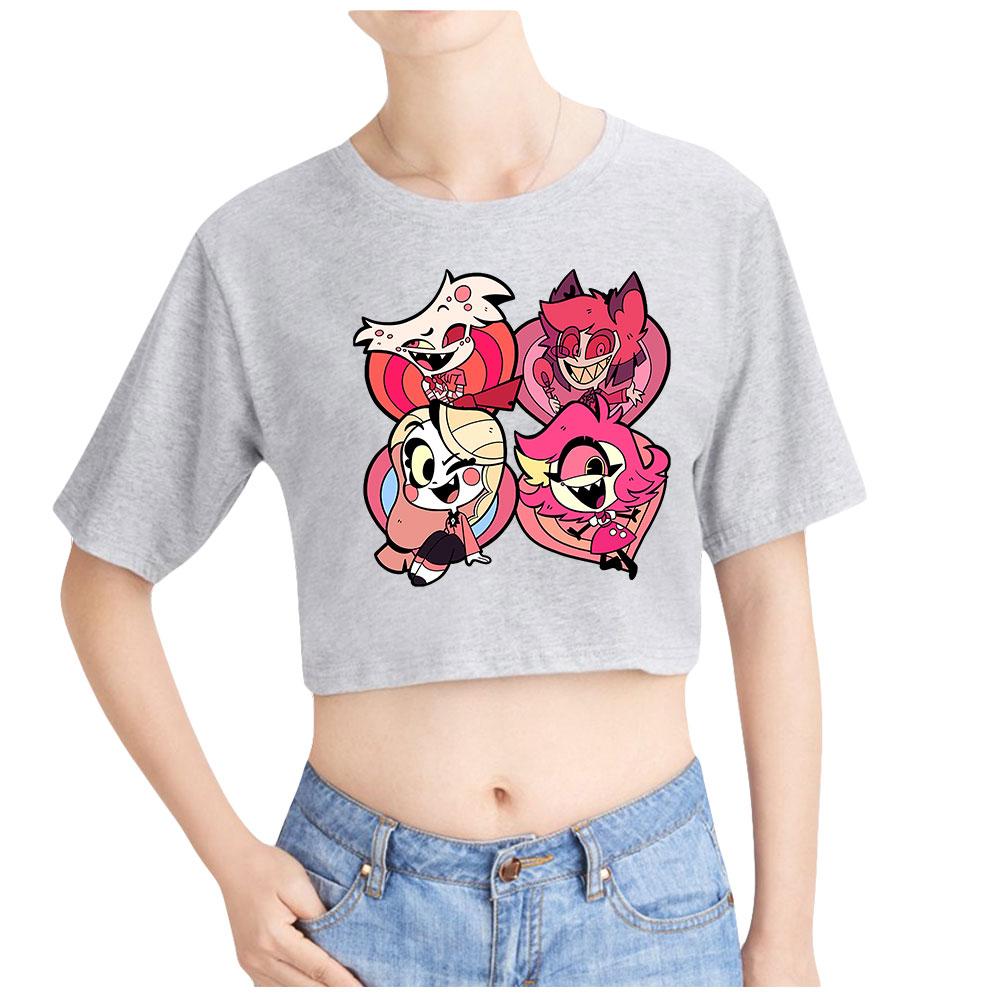 

Fashion Women Casual Hazbin Hotel Print Short Sleeve Crop Top Funny Tee Shirts Hipster O-neck Cool Tops XXL сірий