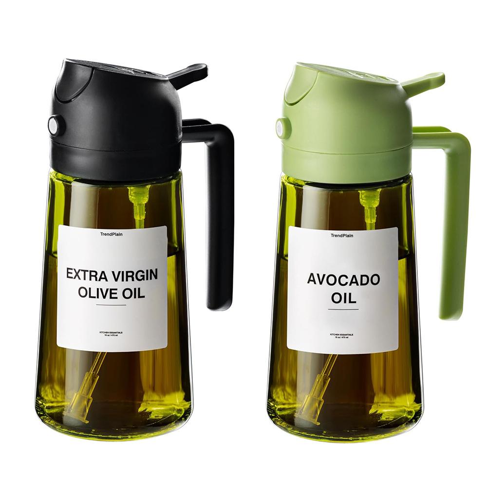 470ml spray-pour dual-purpose oil can, oil spray bottle, leak-proof oil tank, air fryer, atomizing oil spray bottle Green bottle + black cap (unlabeled)