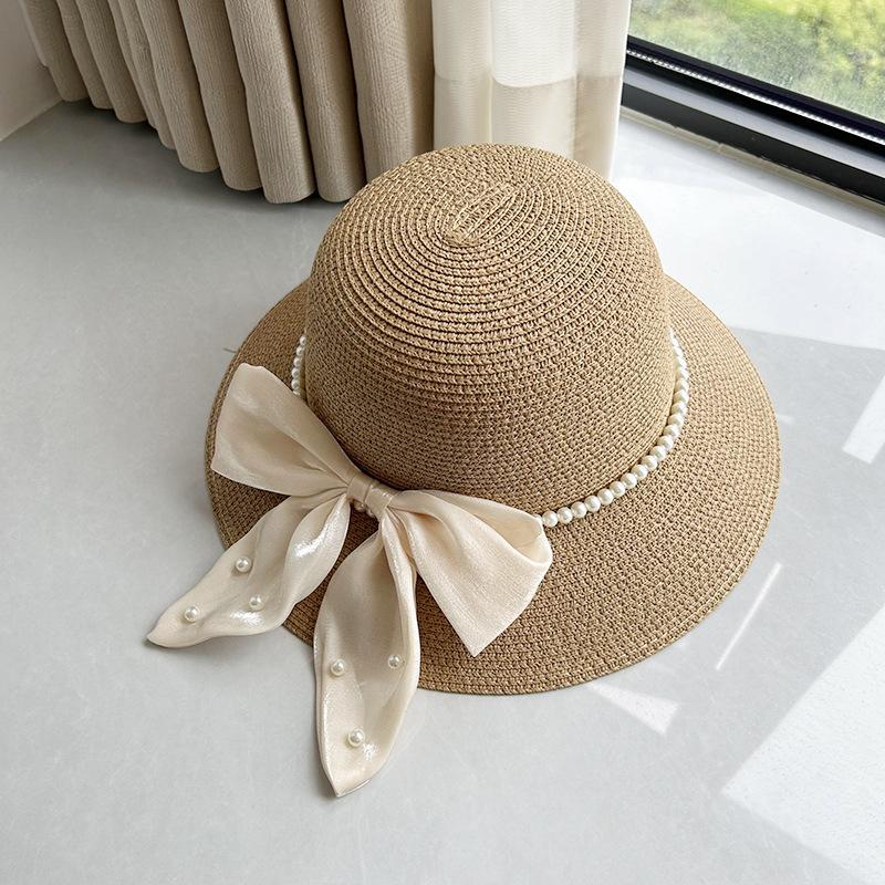 New Summer Elegant Hepburn Straw Hat For Women Fashion Pearl UV Protection Sun Hat Casual Simple Breathable Beach Hats