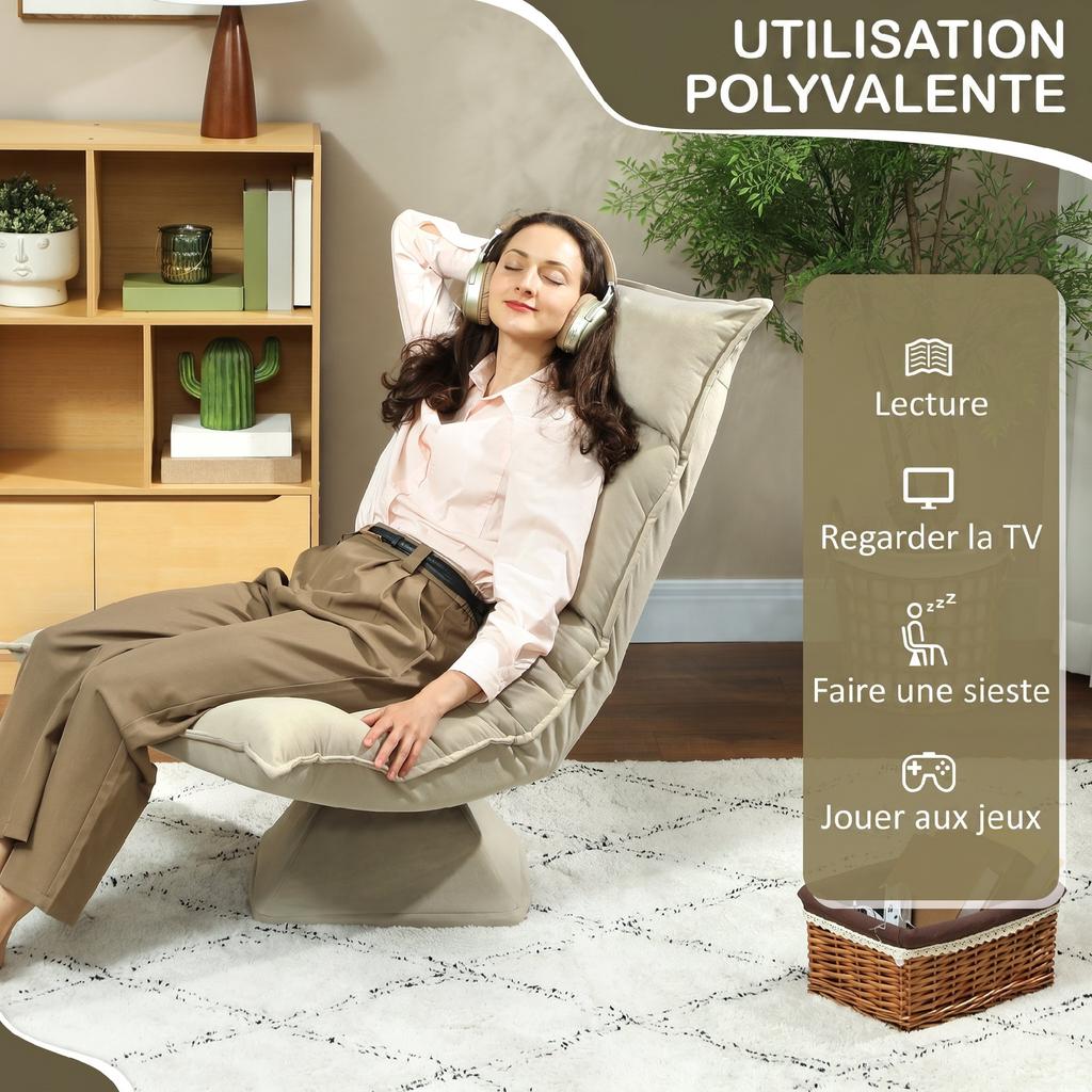 Swivel Floor Chair, 360 Degree, Folding Velvet, 5-Position Backrest, 70 x 62 x 95 cm, Beige