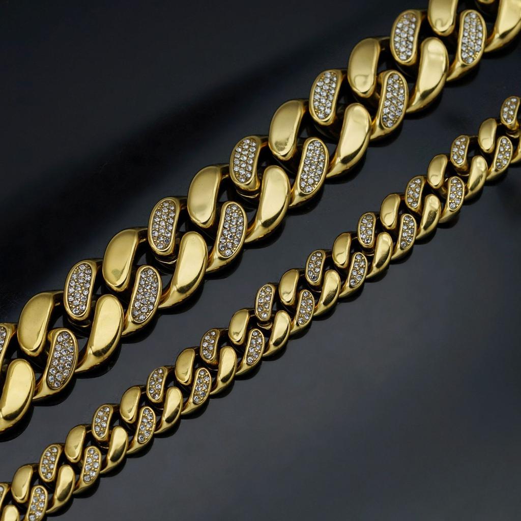 Pvd 18k Gold Color Hip Hop 11MM 15MM 19MM Width 316 Stainless Steel with Two Rows Rhinestone Iced Out Cuban Link Chain Bracelet