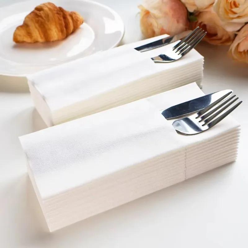 25/50PCS White Prefolded Napkins Disposable Built-in Flatware Pocket Napkins Dinner Christmas Wedding Party Cafe Events Supplies