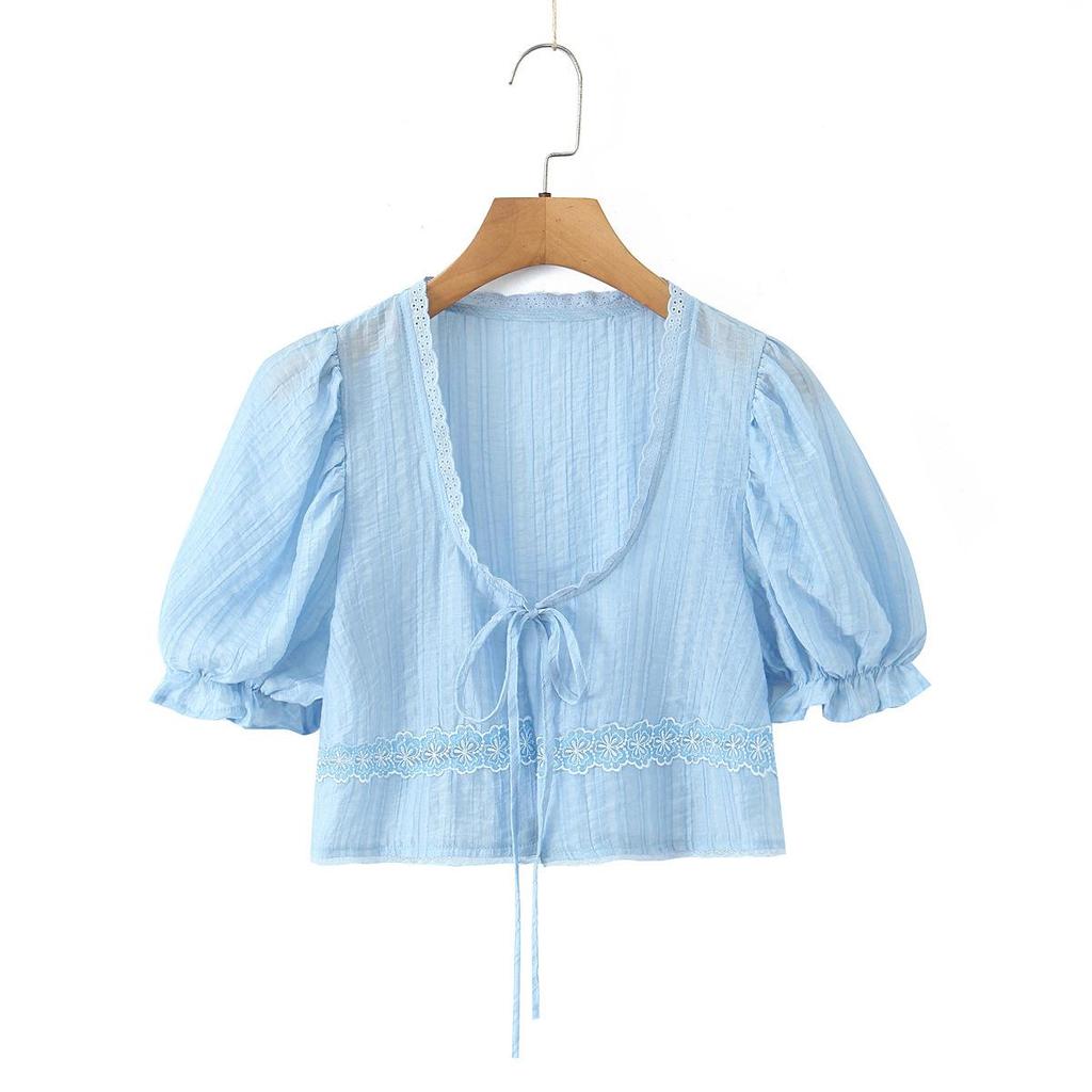 2026 Women's Embroidered Two-Piece Set: Sweet & Spicy Slim Fit Puff Sleeve Lace-Up Shirt + Short Camisole Vest