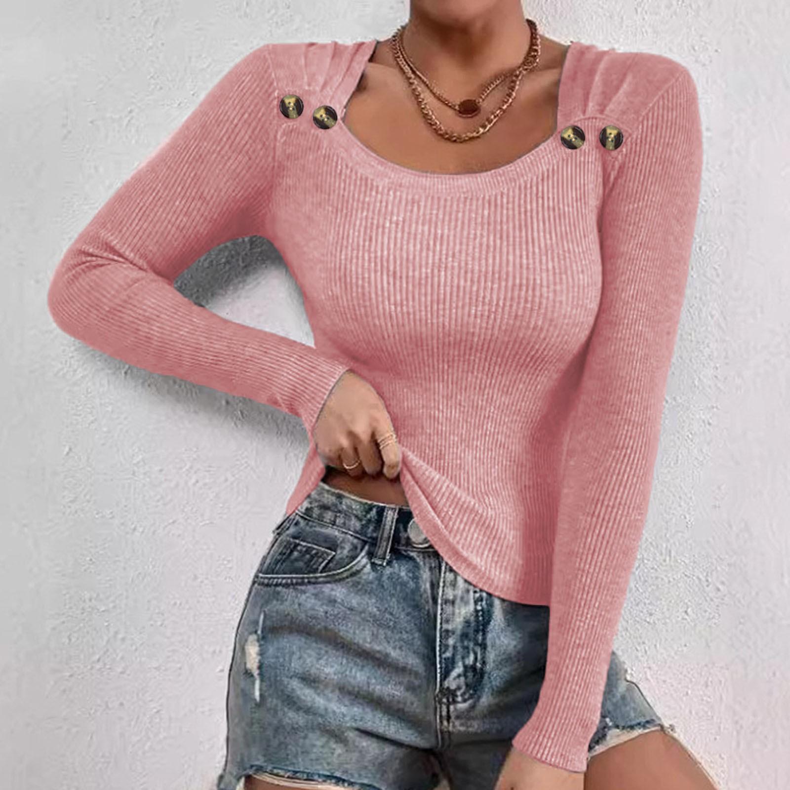 

Женский однотонный свободный повседневный свитер с квадратным воротником и пуговицами, вязаный свитер S розовый