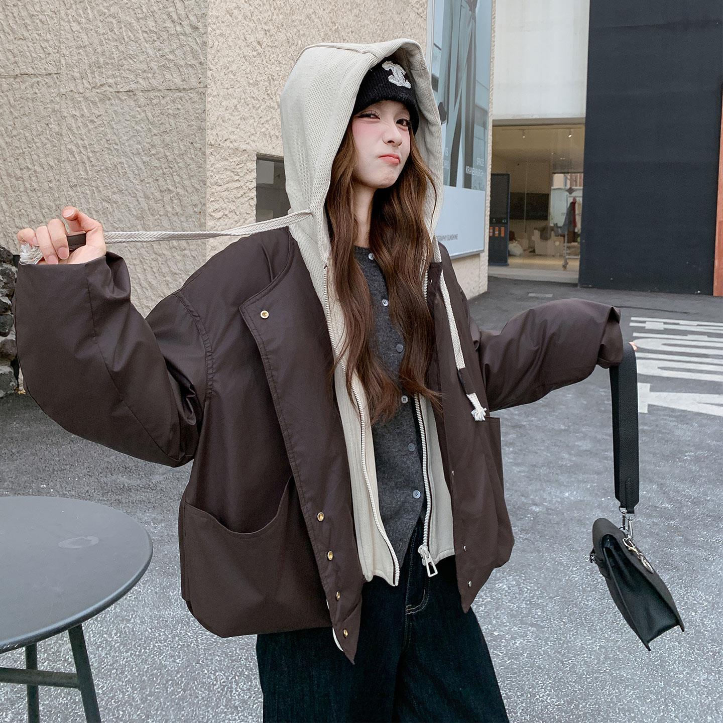 Women s Coffee Maillard Knit Hooded Patchwork Down Jacket - Petite, Warm White Duck Down Coat for Winter 2025 XL