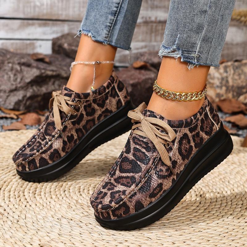Large Size Leopard Print Light Mouth Lace-up Casual Single Shoes Women's Thick-soled Printing Foot Cover Lazy Fashion Sports Muffin Shoes