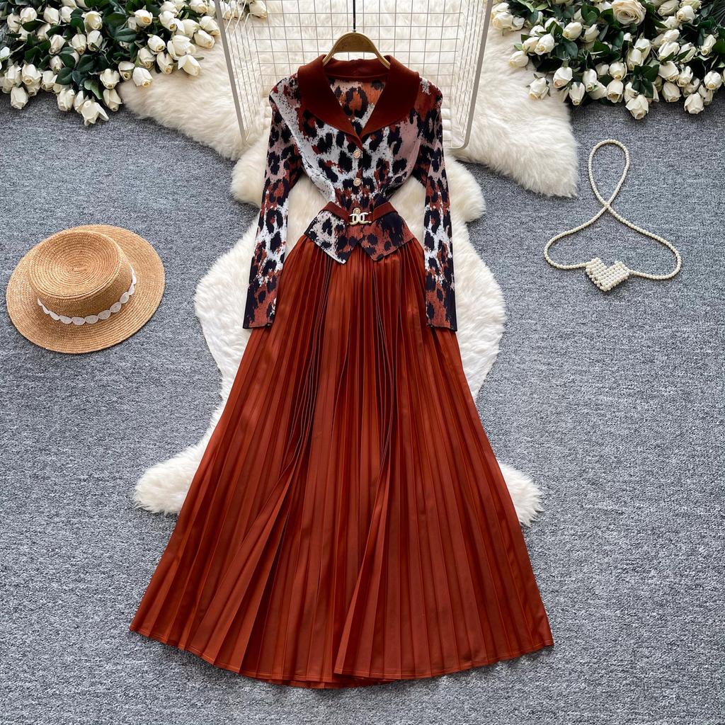 Light and mature wind leopard print splicing dress women's autumn waist and thin pleated long dress commuting wear Miyake pleated skirt