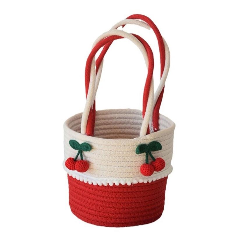 

Practical Handcraft Sturdy Cotton Rope Cherrys Designs Basket Accessory for Home Storage and Decorative Daily Use 1
