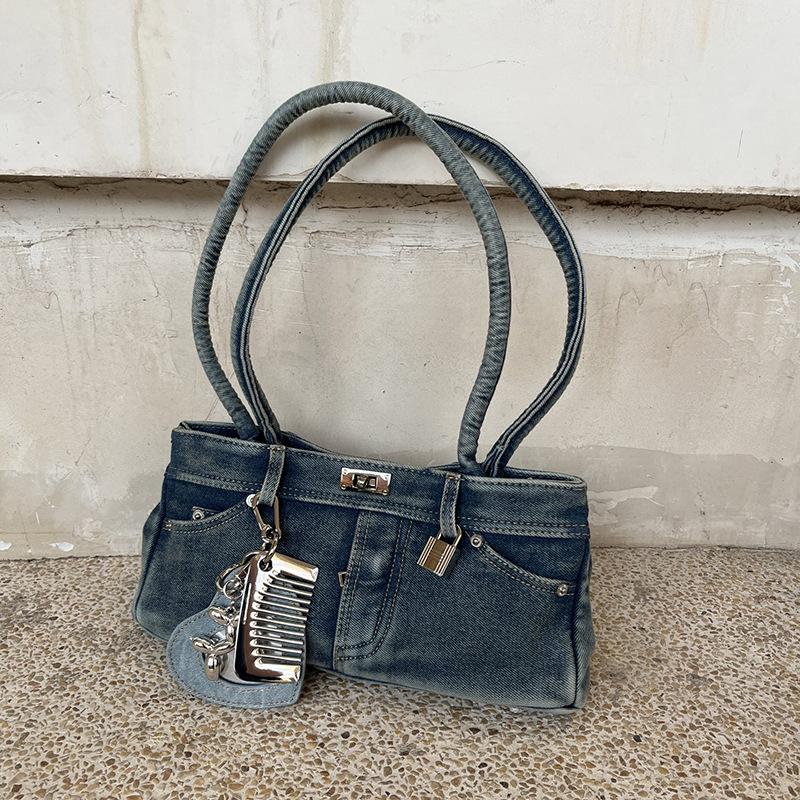 

Washed Denim Handbag Punk Trendy Shoulder Strap Jeans Single Shoulder Underarm Bag Multiple Pockets Diagonal Shoulder Bag for Women світло-синій колір