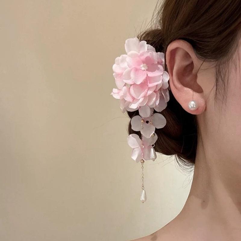 1 2 Pieces Fabric Flower Tassel Pearl Hair Clips for Women Girls Spring Summer Sweet Elegant Accessories for Everyday
