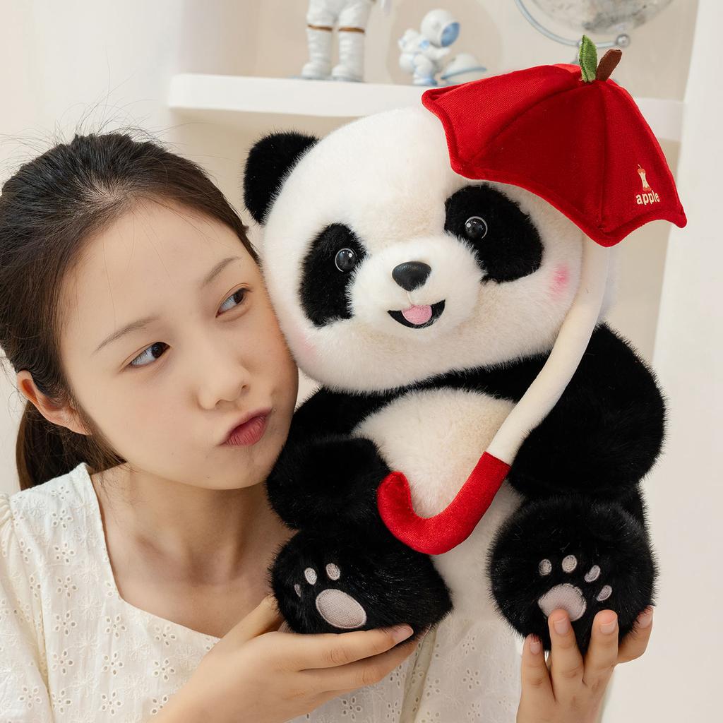 Cute Umbrella Panda Doll Holding Apple Simulation Panda Doll Children's Doll Giving Children Gifts