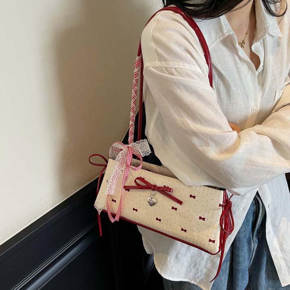 Sweet French Stick Handbag Lace Ribbon Underarm Bags Shopping Bow PU Shoulder Bag Daily