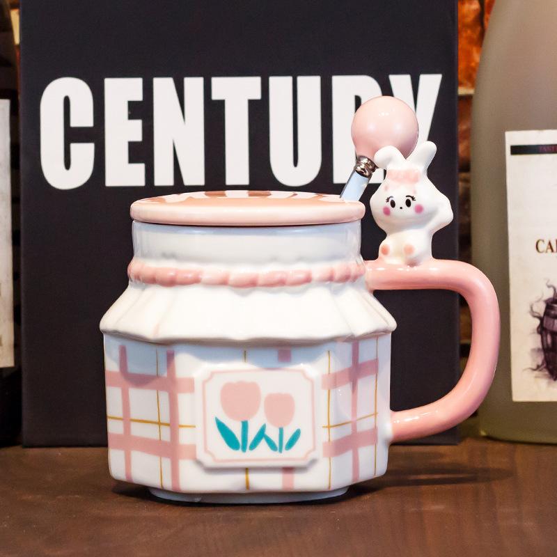 

Керамическая чашка с крышкой-ложкой в виде кролика, милая кружка для девочек, высокий уровень внешнего вида, завтрак, напиток в общежитии, чашка для пары, подарок, украшение дома 301-400ml