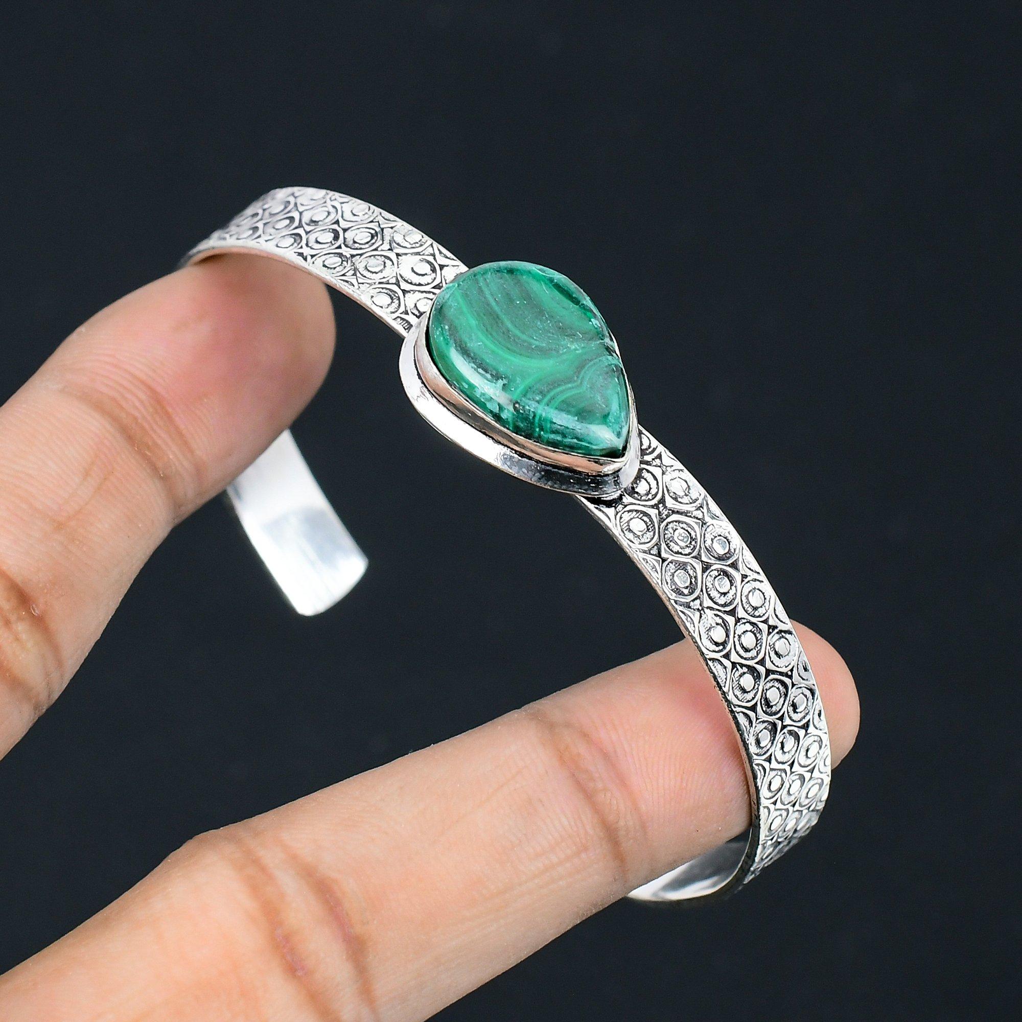 

Halloween Deal Heart Chakra Malachite Stone 925 Silver Trendy New Bangle Jewelry Adjustable
