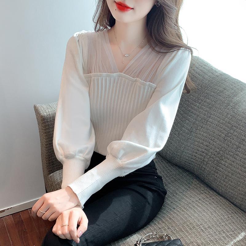 Síťovaná pletenina s výstřihem do V Top Dámské Podzim Zima Temperament Svetr s dlouhým rukávem Móda Jednobarevná Halenka