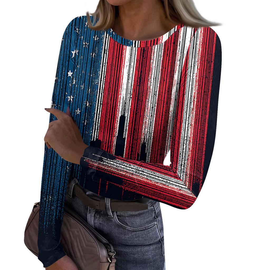 Damen Freizeit Langarm Rippstrick Oberteil Rundhals Pullover Amerikanische Flagge Print Leicht Dehnbares Shirt für den Alltag
