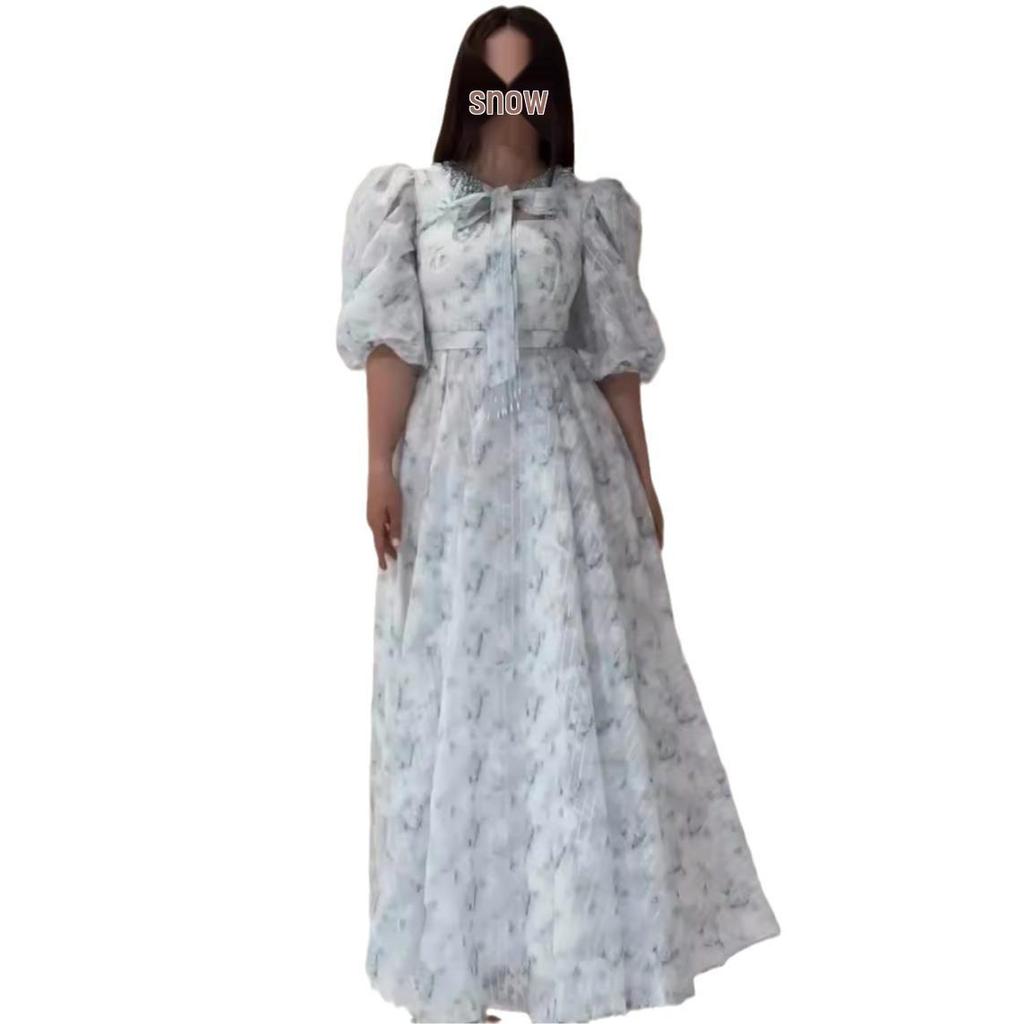 Vestido Largo Dulce Francés de Verano para Mujer 2024 con Manga Abullonada y Cintura Entallada