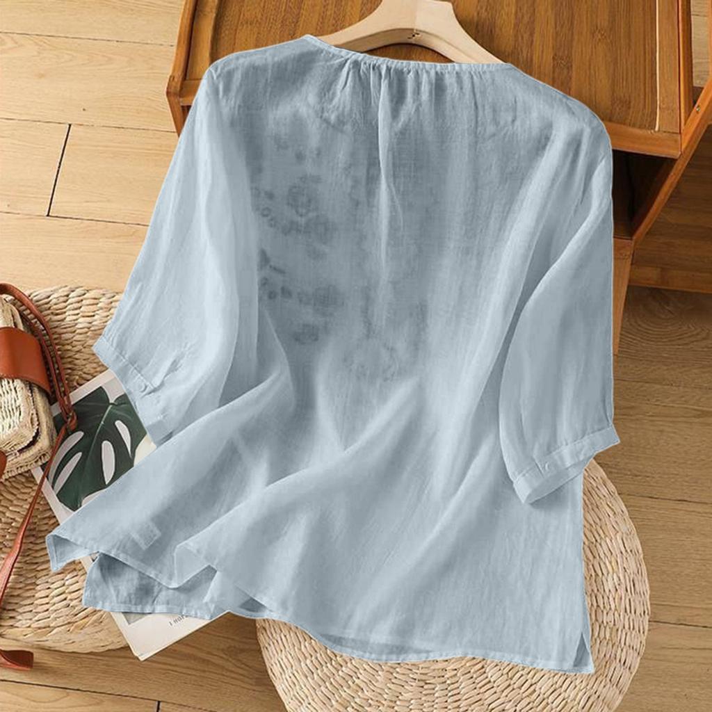Women's Vintage Inspired Relaxed Fit Embroidered Cotton Linen Blend V-Neck Blouse With Mid Length Sleeves