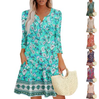 Women's Summer Dress Loose V Neck Three-quarter Sleeve Sundress With Pockets Dress