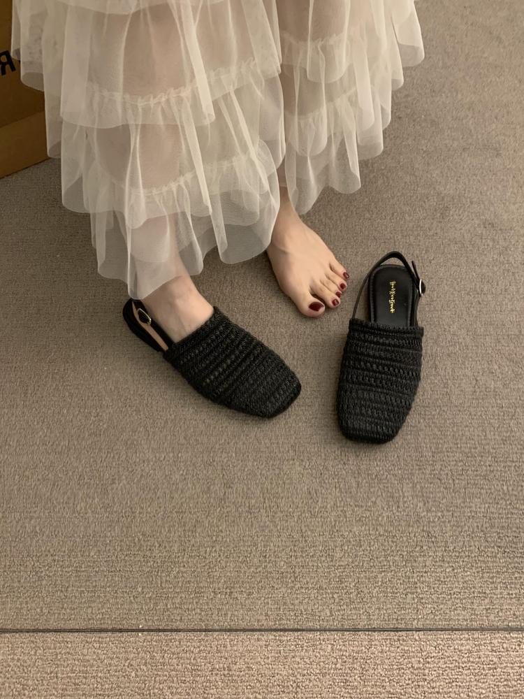 

Thick heel shallow mouth straw woven bag head empty sandals women s shoes 2025 summer new flat bottom one word with cool single shoes 35 чёрный