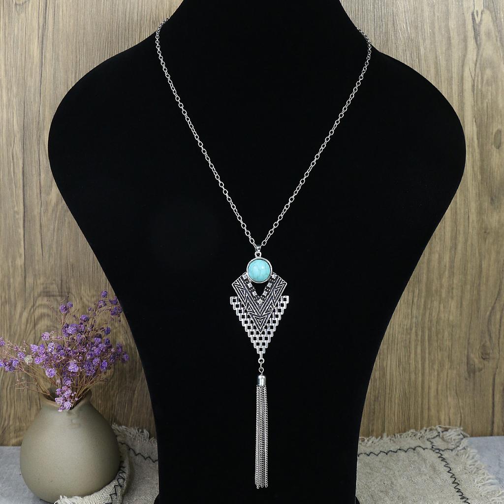 Ethnic Blue Stone Retro Chain Tassel Long Necklace Earring Turkish Gypsy Copper Color Geometric Carved Necklace for Women Party