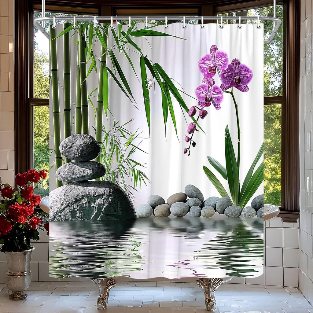 Zen Shower Curtain Green Bamboo Purple Orchid Flower Stone Asian Japanese Garden Relax Spring Nature Theme Bath Curtain Fabric