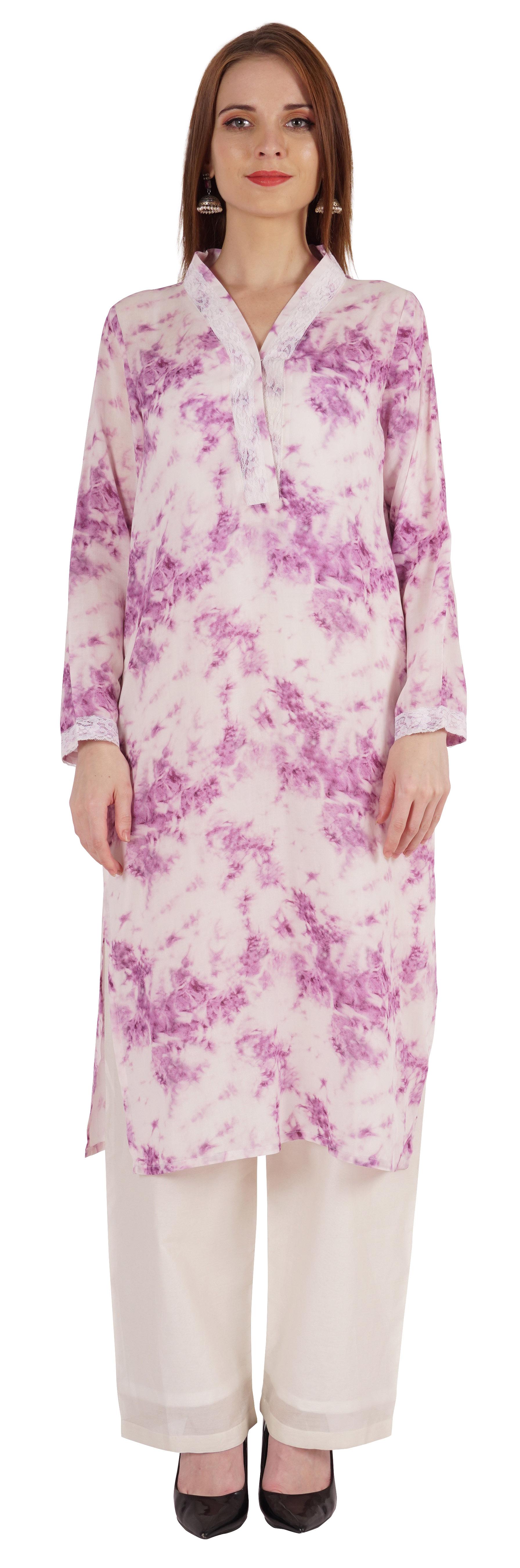 

Bimba Printed Straight Kurti For Women Casual Summer Wear V-Neck W Lace Tunic Designer XXL рожевий