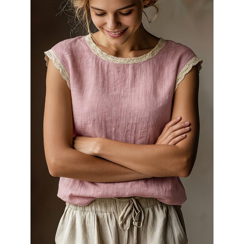 Summer Women's New Loose Solid Color Round Neck Lace Sleeveless Cotton and Linen Shirt