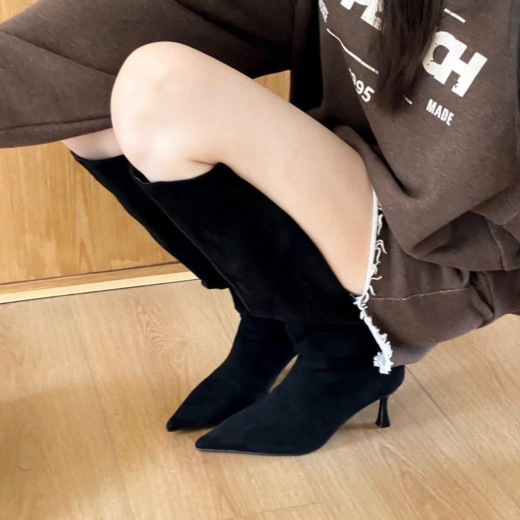 2025 Autumn and Winter New European and American Wind Tube About Temperament Suede Pointed Thin High Heel Boots Thin Wide Tube Knight Boots