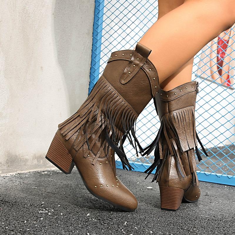 Spring & Autumn New Pointed Toe Studded Tassel Soft Sole Non-Slip Western Mid-Leg Boots Side Zip Block Heel Knight Boots
