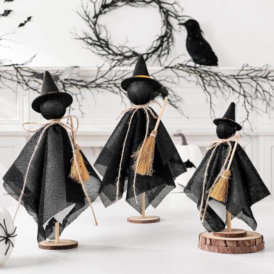 3Pcs/Set Black Witch Decorations Standing Witch with Hat Broomstick Desk Decor Rustic Halloween Centerpieces for Home Farmhouse Mantel Dining Table