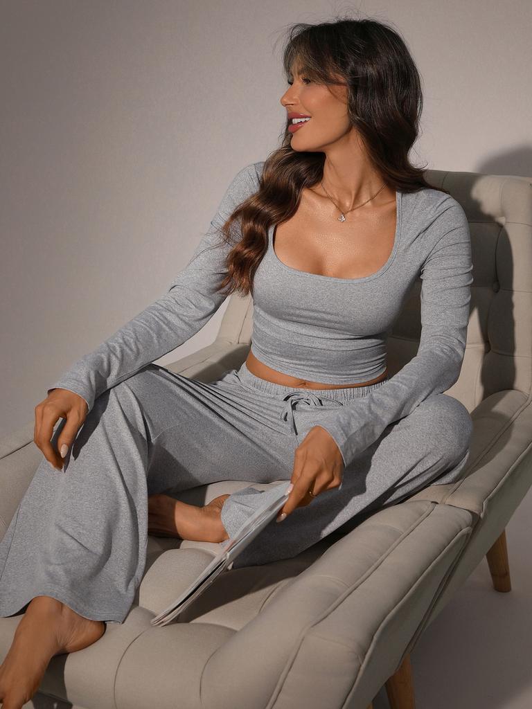 Autumn Casual Long Pants Set Square Neck Long Sleeve Short Top Women Sportswear
