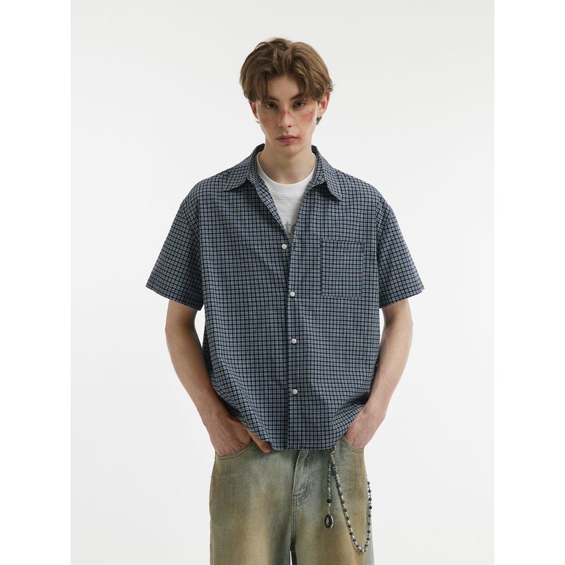 Men's Spring and Summer New American-Style Plaid Lapel Short-Sleeved Shirt Men's Retro Simple Loose Commuter Shirt Top Trendy